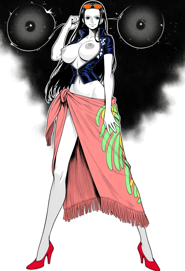 masterpiece, best quality, score_7, newest, manga, monochrome, greyscale, 1girl, nico robin from One Piece, Oda style, full_body, beautiful smile, standing, sexy pose, front view and black background, a long coral-pink/salmon wrap skirt or sarong tied around her waist with a decorative green and yellow floral patterns along one side and a fringed/tassel-like hem and a massive front slit revealing her naked pussy, a fitted dark-blue short-sleeved jacket completely open with a high collar and the sleeves slightly rolled at the edges, breasts and nipples exposed, pussy exposed, orange tinted sunglasses on top of head, Red-coral high-heeled pumps with pointed toes, massive amount of sperm dripping from pussy, (monochrome:1.7), (greyscale:1.7), screentone, halftone dots, ink hatching, bold black spotting, white background
