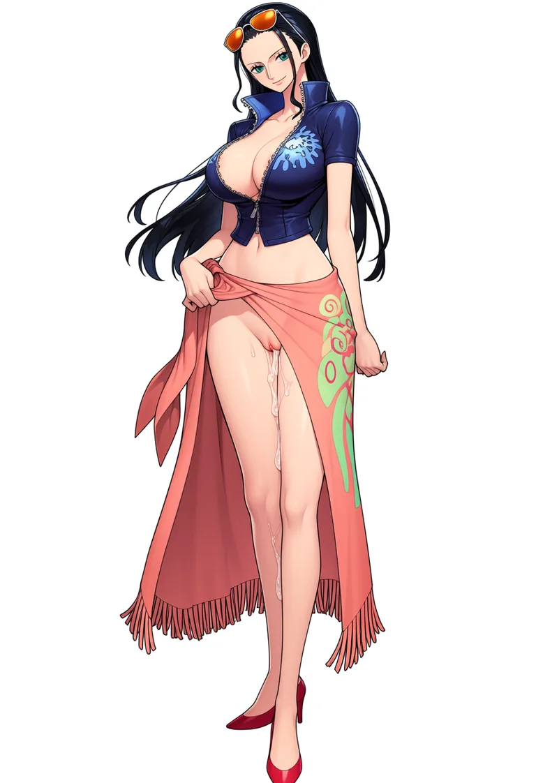 masterpiece, best quality, score_7, newest, anime screenshot, official art, Nico Robin, (One Piece style:1.7), full body in frame, beautiful smile, standing, sexy pose, front view, soft lighting, (black background:1.7), a long coral-pink/salmon wrap skirt or sarong tied around her waist and a fringed/tassel-like hem while the opening is hooked upwards with a pin to reveal her full crotch and her naked pussy dripping with sperm, a fitted dark-blue short-sleeved jacket with a high collar and the sleeves slightly rolled at the edges fully letting the breasts fully out of jacket and exposed, naked pussy exposed through front opening, orange tinted sunglasses on top of head, Red-coral high-heeled pumps with pointed toes, massive amount of sperm dripping from pussy, (flat color:1.3), hard cel shading, thin crisp lineart, high key daylight, vivid primary palette, bright clean background