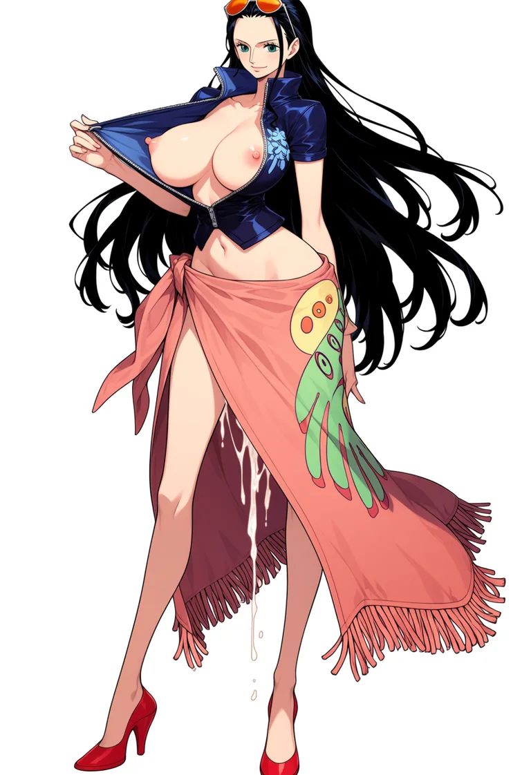 masterpiece, best quality, score_7, newest, anime screenshot, official art, Nico Robin, (One Piece style:1.7), full body in frame, beautiful smile, gentle expression, standing, sexy pose, one hand on hips, front view, simple lighting, (black background:1.7), (a long coral-pink/salmon wrap skirt or sarong tied around her waist and a fringed/tassel-like hem while the opening is hooked upwards with a pin to reveal her full crotch and her naked pussy dripping with sperm:1.5), a fitted dark-blue short-sleeved jacket with a high collar and the sleeves slightly rolled at the edges while the chest is completely open to let the full naked breasts out, (naked breasts and nipples fully out of jacket and fully exposed:1.7), naked pussy exposed through front opening, orange tinted sunglasses on top of head, red-coral high-heeled pumps with pointed toes, massive amount of sperm dripping from pussyt, (flat color:1.3), hard cel shading, thin crisp lineart, high key daylight, vivid primary palette, bright clean background