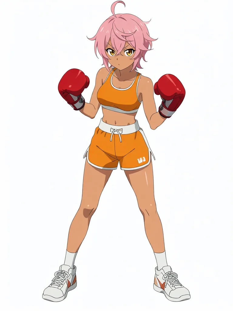 masterpiece, best quality, very aesthetic, (anime style:1.2), athletic pink-haired boxer, orange sports bra and shorts, red taped fists, tan skin, full body