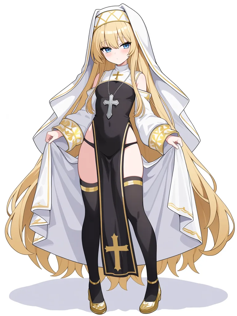 masterpiece, best quality, very aesthetic, (anime style:1.2), petite blonde nun, white and gold habit, blue eyes, large silver cross pendant, full body