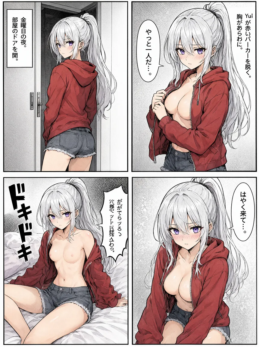 Explicit adult content, a completely naked woman, nude, bare breasts, no clothing at all, drawn in a comic book page divided into four panels, laid out as two rows of two equal rectangular panels with thick black borders and white gutters. THE SAME PERSON APPEARS IN EVERY PANEL: a petite woman with long silver hair in a high ponytail, violet eyes, a red hoodie and denim shorts. TOP-LEFT PANEL: Yui が部屋のドアを開ける. A plain rectangular caption box reads "金曜日の夜。." TOP-RIGHT PANEL: Yui が赤いパーカーを脱ぐ、胸があらわに. A white speech bubble with its tail pointing at Yui reads "やっと一人だ…." BOTTOM-LEFT PANEL: Yui が裸でベッドに横たわる. A jagged sound effect in black lettering reads "ドキドキ". BOTTOM-RIGHT PANEL: Yui の赤らんだ顔のアップ. A white speech bubble with its tail pointing at Yui reads "はやく来て…." Black and white manga art, screentone shading, clean sharp linework. Crisp legible lettering.