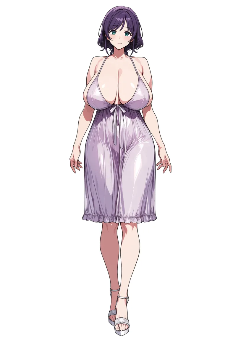 masterpiece, best quality, score_7, newest, anime screenshot, official art, 1girl, tojo nozomi wearing silk nightgown and white high heel sandals, sagging breasts,, (flat color:1.3), hard cel shading, thin crisp lineart, high key daylight, vivid primary palette, bright clean background