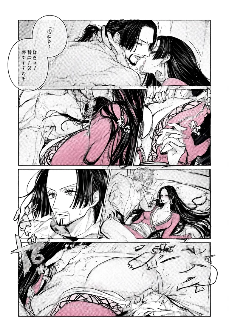masterpiece, best quality, score_7, newest, comic, printed comic page, 5-panel layout, comic style, fine lines, delicate linework, One Piece, Sanji and Boa Hancock, man fucking woman, in the bedroom, sound effects, speech bubbles, Japanese text, bold black ink outlines, halftone dot shading, cross hatched shadows, flat four colour print palette, hard high contrast comic inking