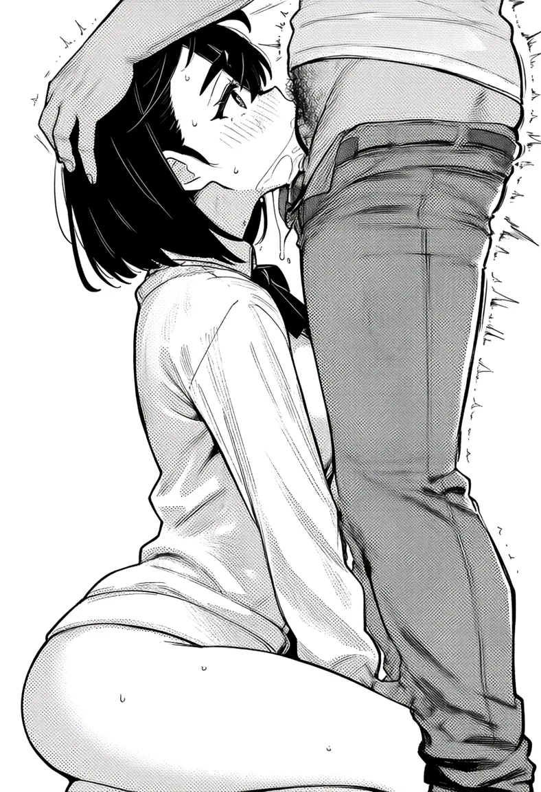 masterpiece, best quality, score_7, newest, manga, monochrome, greyscale, 1girl giving deepthroat to a man with a huge penis. bare_legs, kneeling, clothed_sex, ayase momo, (monochrome:1.7), (greyscale:1.7), screentone, halftone dots, ink hatching, bold black spotting, white background