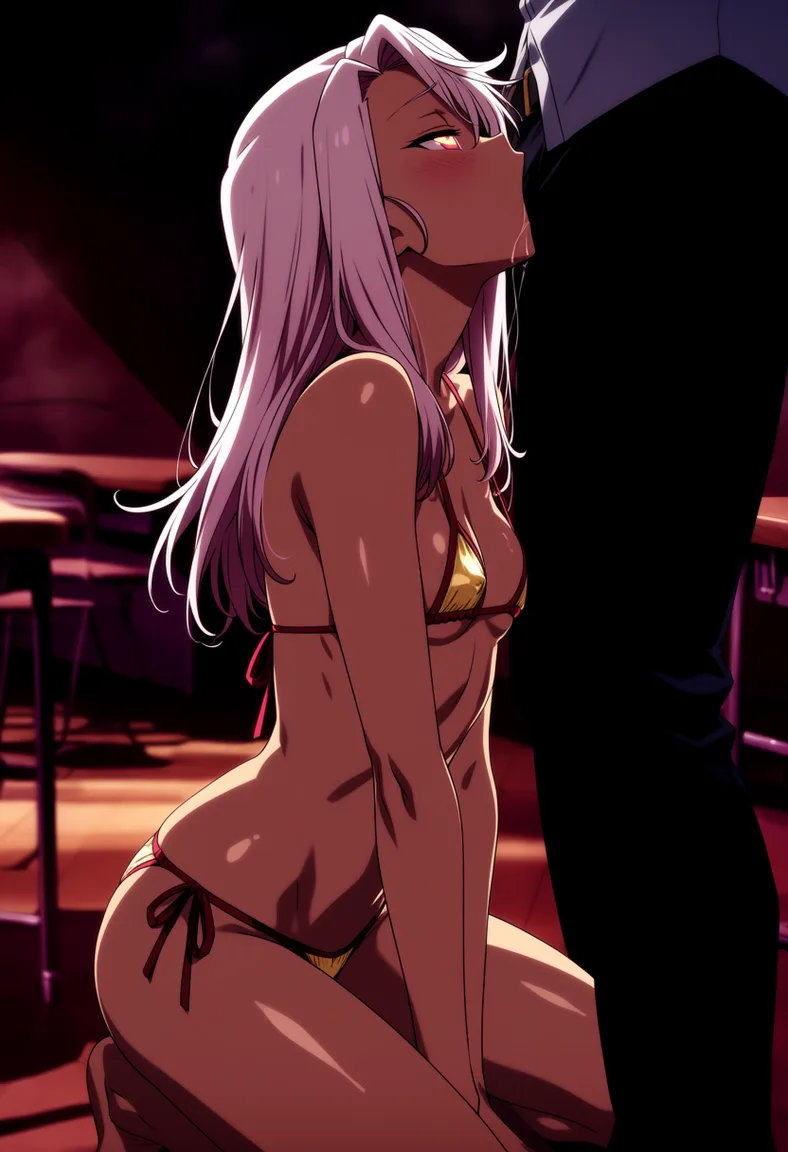 masterpiece, best quality, score_7, newest, highres, absurdres, anime coloring, 1girl giving deepthroat to a man with a huge penis. classroom, kneeling, clothed_sex, skinny, side-tie_bikini_bottom, micro_bikini
optionaltypo_art_style, style_parody, chloe von einzbern, glossy shiny skin, wet highlights, (dim warm lighting:1.2), dramatic rim light, deep shadows, dark bokeh background, sensual mood