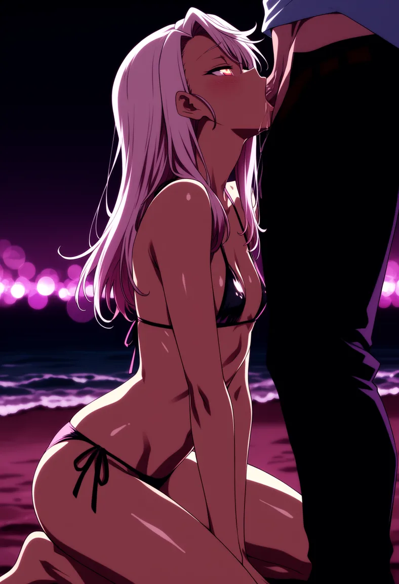 masterpiece, best quality, score_7, newest, highres, absurdres, anime coloring, 1girl giving deepthroat to a man with a huge penis. beach, kneeling, clothed_sex, skinny, side-tie_bikini_bottom, micro_bikini
optionaltypo_art_style, style_parody, chloe von einzbern, glossy shiny skin, wet highlights, (dim warm lighting:1.2), dramatic rim light, deep shadows, dark bokeh background, sensual mood