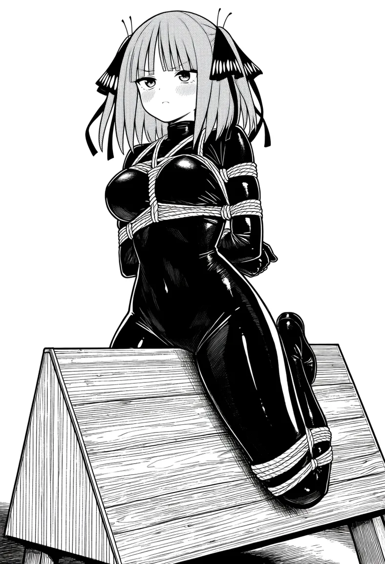 masterpiece, best quality, score_7, newest, manga, monochrome, greyscale, 1girl, nakano nino,  latex skinsuit, bondage, shibari, tsundere, basement, wooden horse, (monochrome:1.7), (greyscale:1.7), screentone, halftone dots, ink hatching, bold black spotting, white background
