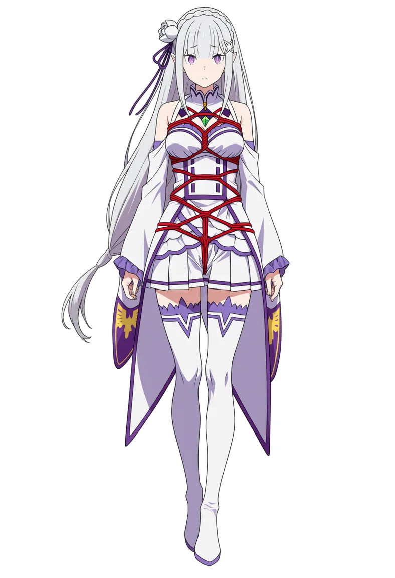 masterpiece, best quality, score_7, newest, anime screenshot, official art, 1girl, emilia (re:zero) Wooden horse, shibari, confused, (flat color:1.3), hard cel shading, thin crisp lineart, high key daylight, vivid primary palette, bright clean background