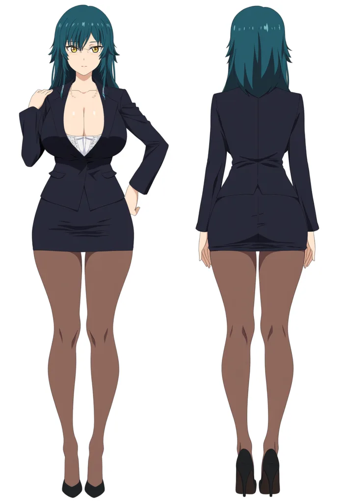 masterpiece, best quality, very aesthetic, (anime style:1.2), character sheet, reference sheet, multiple views, front view, rear view, full body, solo, standing, white background, sexy girl, big tits, stocking, secretary, miniskirt