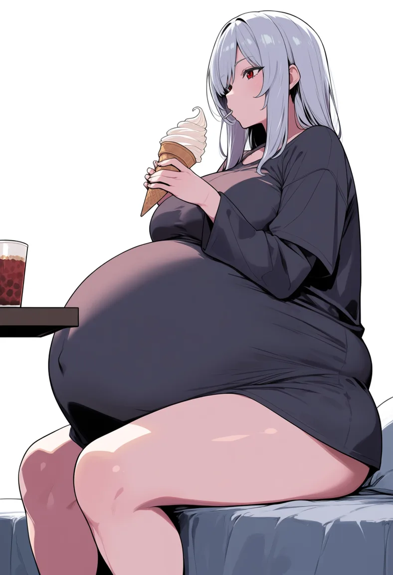 masterpiece, best quality, score_7, newest, anime screenshot, official art, silver hair, red eyes, oversized shirt, sitting on the end of the bed, morning light. A gilf who is pregnant with sits at a table eating ice cream. Her belly is enormously huge, three times bigger than the rest of her body, and rests directly on the table surface. She goth. Her belly bigger then her in 5 times. Huge breast, huge ass, (flat color:1.3), hard cel shading, thin crisp lineart, high key daylight, vivid primary palette, bright clean background