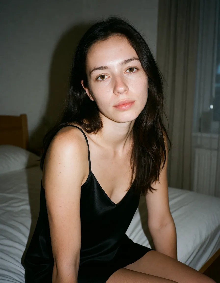 an amateur homemade photo, ordinary snapshot, a woman with long dark hair in a black silk slip, sitting on the edge of a bed, looking at the viewer, shot on a phone camera with the on-camera flash firing, hard direct flash light with a sharp shadow on the wall behind her, natural real skin with visible pores, freckles, moles, stray hairs and small blemishes, no retouching, no makeup, plainly lit ordinary bedroom, slightly soft focus, crooked casual framing, digital noise