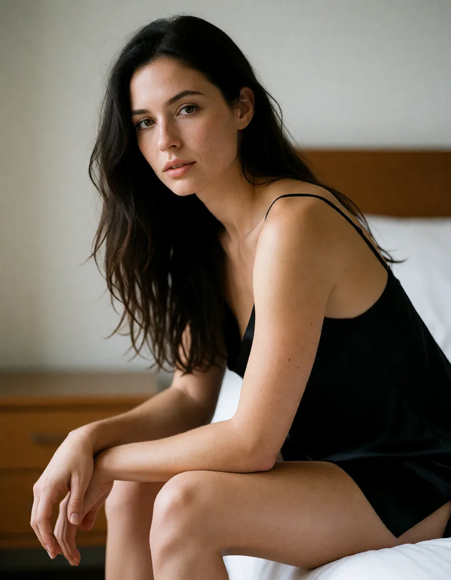 a photograph, a woman with long dark hair in a black silk slip, sitting on the edge of a bed, looking at the viewer, shot on a full-frame camera with an 85mm lens, natural skin texture with visible pores and fine hairs, soft directional daylight, shallow depth of field, sharp focus on the eyes, subtle film grain, neutral true-to-life color