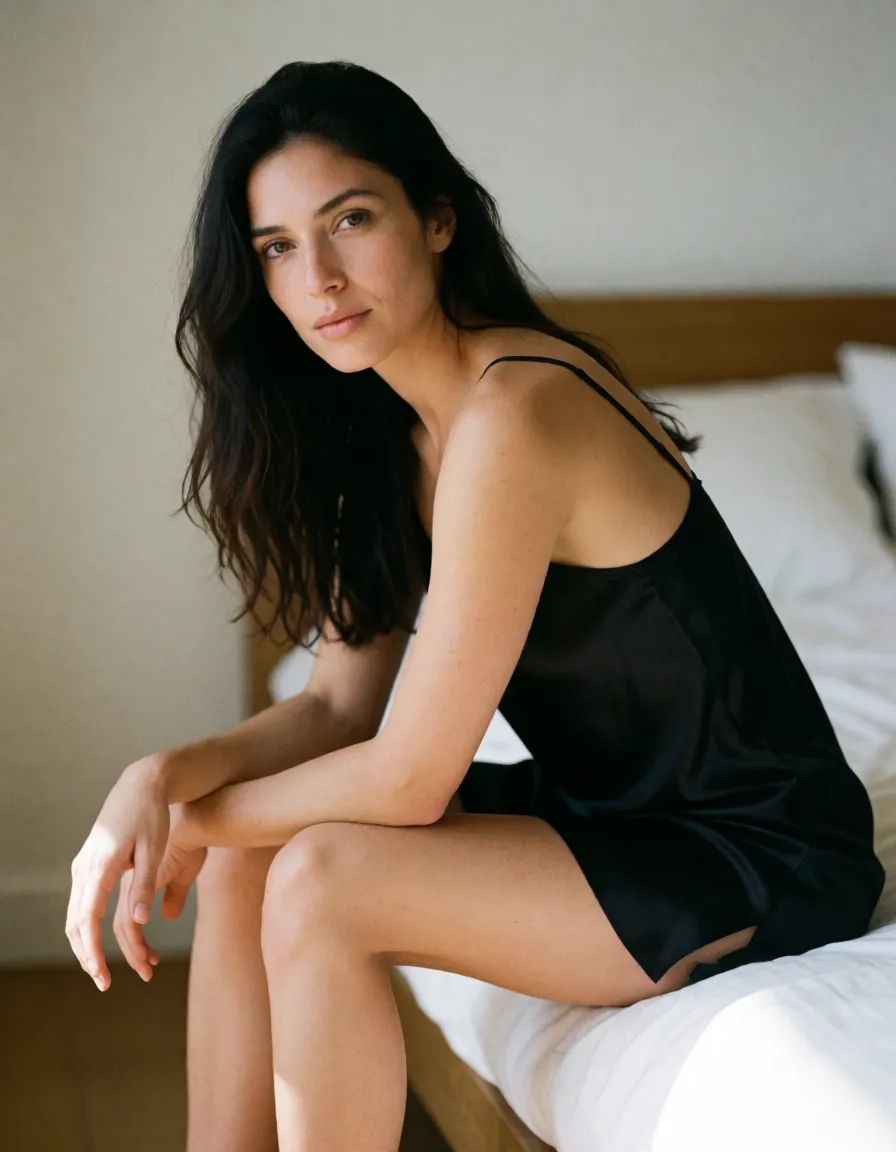a photograph, a woman with long dark hair in a black silk slip, sitting on the edge of a bed, looking at the viewer, shot on a full-frame camera with an 85mm lens, natural skin texture with visible pores and fine hairs, soft directional daylight, shallow depth of field, sharp focus on the eyes, subtle film grain, neutral true-to-life color