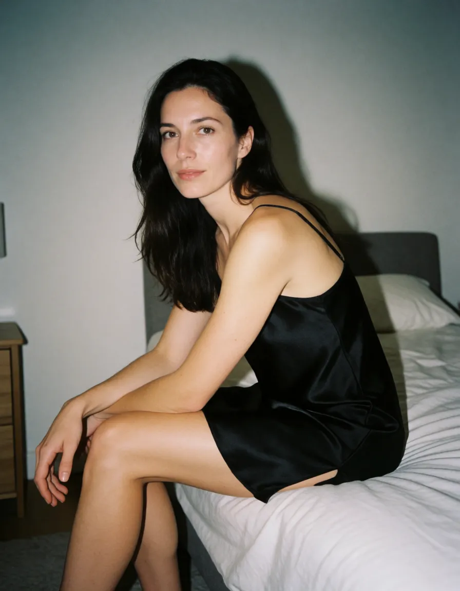 an amateur homemade photo, ordinary snapshot, a woman with long dark hair in a black silk slip, sitting on the edge of a bed, looking at the viewer, shot on a phone camera with the on-camera flash firing, hard direct flash light with a sharp shadow on the wall behind her, natural real skin with visible pores, freckles, moles, stray hairs and small blemishes, no retouching, no makeup, plainly lit ordinary bedroom, slightly soft focus, crooked casual framing, digital noise