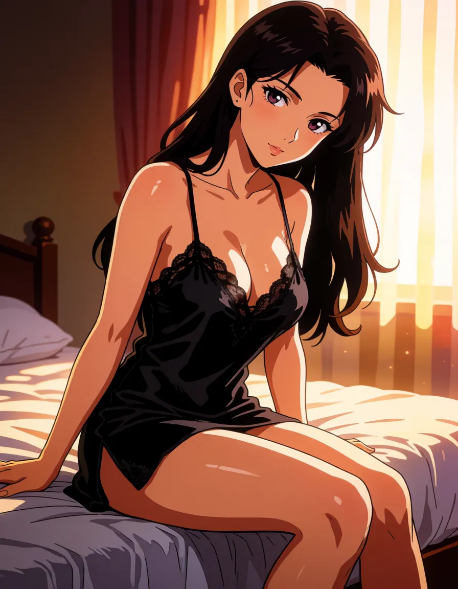 explicit hentai anime art, ecchi illustration, a woman with long dark hair in a black silk slip, sitting on the edge of a bed, looking at the viewer, clean anime lineart, cel shading, glossy skin highlights, saturated warm palette, dramatic rim light, deep shadows, drawn illustration