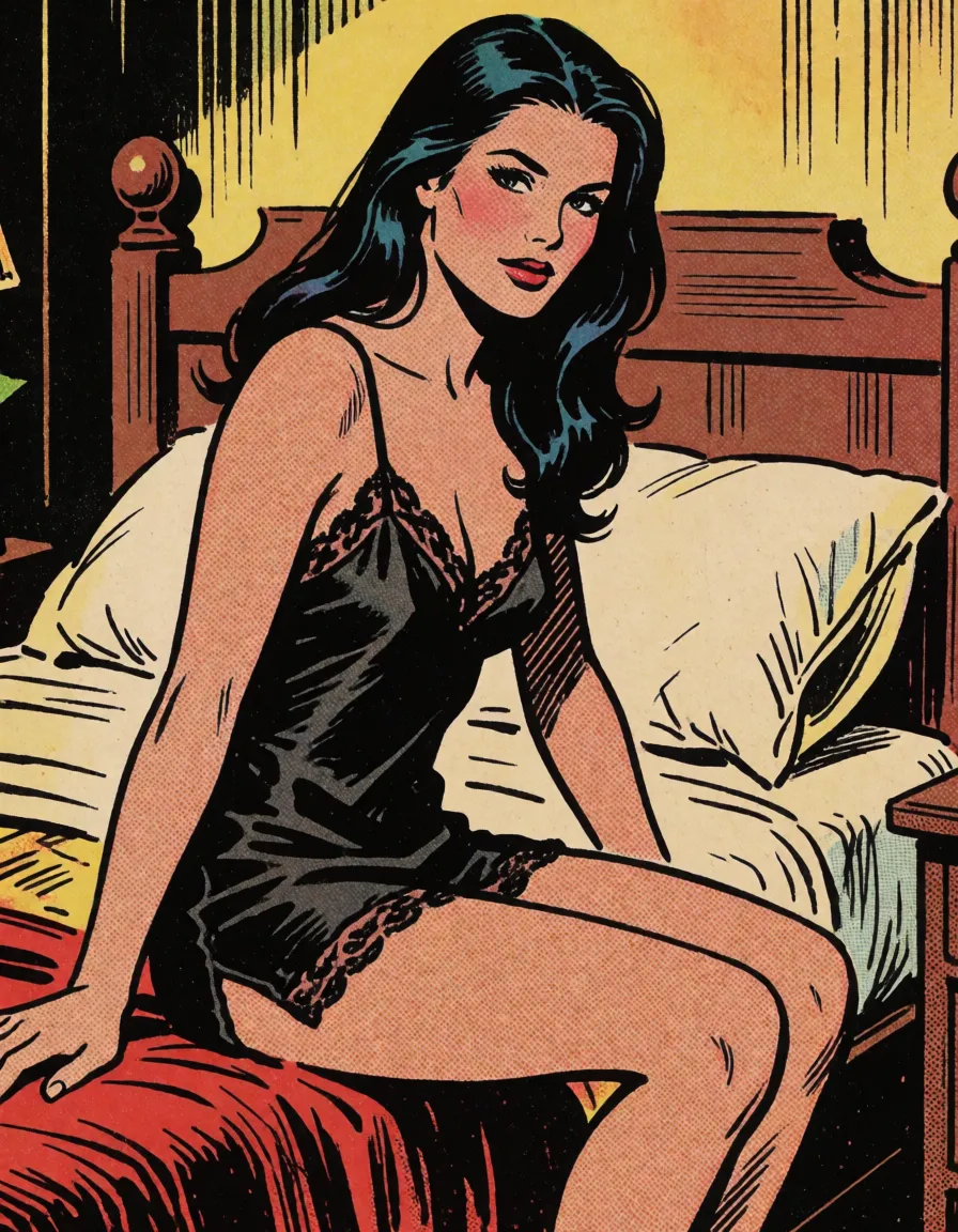 comic book art, western graphic novel illustration, a woman with long dark hair in a black silk slip, sitting on the edge of a bed, looking at the viewer, bold black ink outlines, heavy halftone dot shading, visible screentone texture, flat four-color print palette, hard high-contrast inking, newsprint comic page