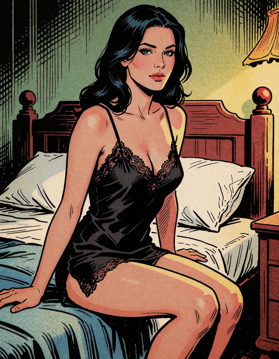 comic book art, western graphic novel illustration, a woman with long dark hair in a black silk slip, sitting on the edge of a bed, looking at the viewer, bold black ink outlines, heavy halftone dot shading, visible screentone texture, flat four-color print palette, hard high-contrast inking, newsprint comic page