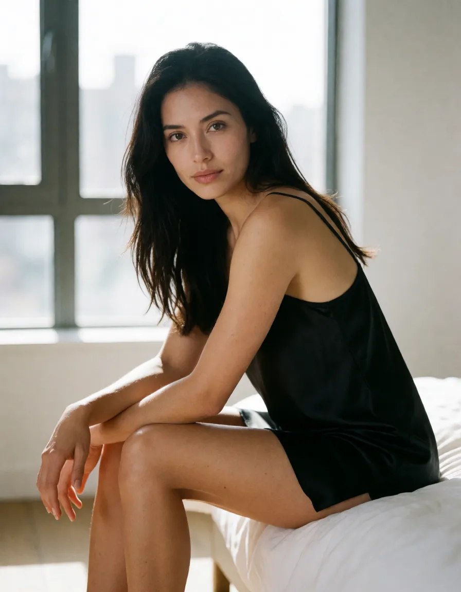 a photograph, natural light portrait, a woman with long dark hair in a black silk slip, sitting on the edge of a bed, looking at the viewer, shot on a full-frame camera with an 85mm lens, natural skin texture with visible pores and fine hairs, soft directional daylight from a large window, shallow depth of field, sharp focus on the eyes, subtle film grain, neutral true-to-life color