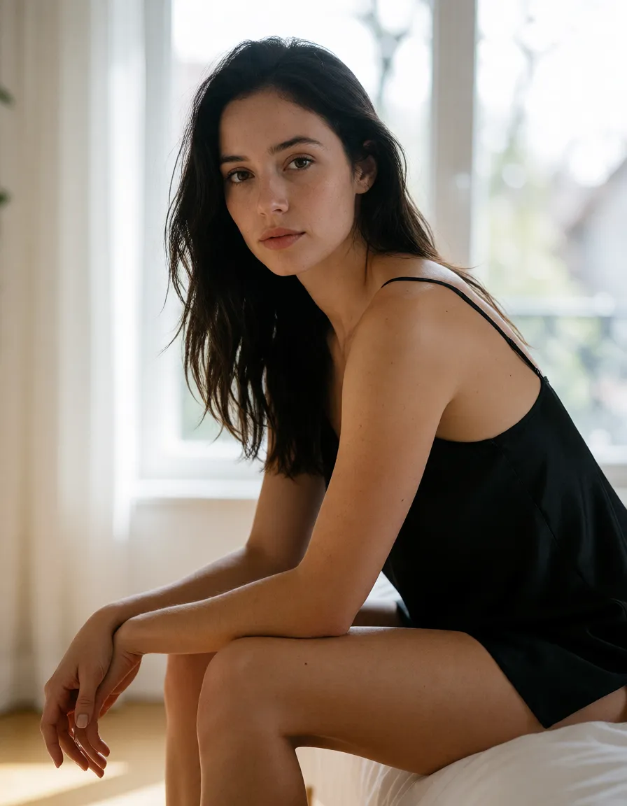 a photograph, natural light portrait, a woman with long dark hair in a black silk slip, sitting on the edge of a bed, looking at the viewer, shot on a full-frame camera with an 85mm lens, natural skin texture with visible pores and fine hairs, soft directional daylight from a large window, shallow depth of field, sharp focus on the eyes, subtle film grain, neutral true-to-life color