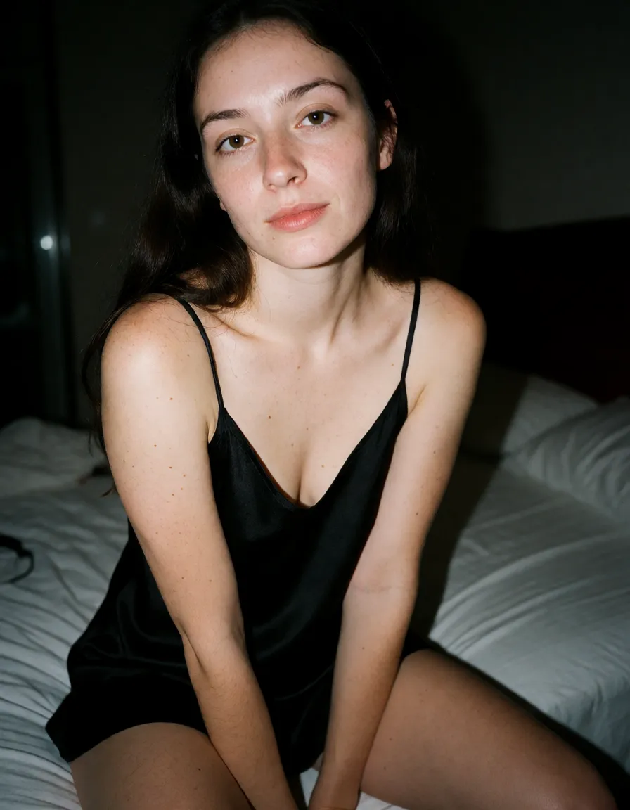 an amateur homemade snapshot, real ordinary photo, a woman with long dark hair in a black silk slip, sitting on the edge of a bed, looking at the viewer, shot on a phone with the flash on, harsh direct flash falling flat on the skin, bright hot subject with the background dropping into darkness behind her, completely unretouched real skin with visible pores, freckles, moles, stray hairs and small blemishes, no makeup, no filter, plain messy everyday room, slightly soft handheld focus, digital sensor noise, crooked casual framing