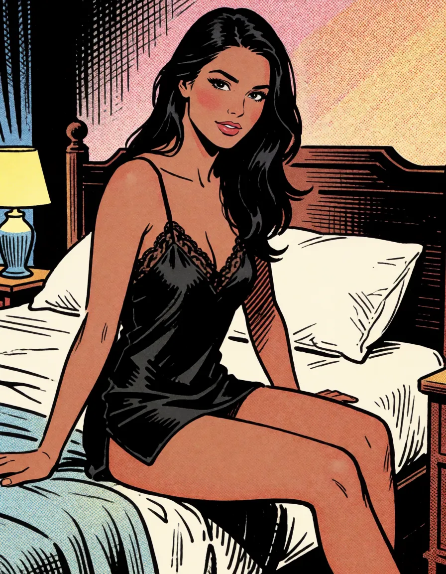 comic book art, a woman with long dark hair in a black silk slip, sitting on the edge of a bed, looking at the viewer, bold black ink outlines, halftone dot shading, cross hatched shadows, flat four colour print palette, hard high contrast comic inking, printed comic page, strikingly beautiful, radiant complexion, early twenties