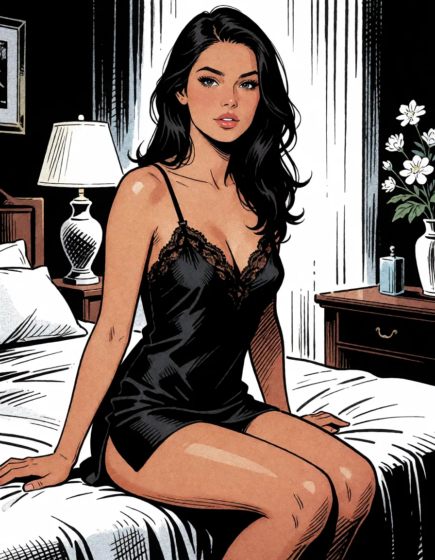 comic book art, a woman with long dark hair in a black silk slip, sitting on the edge of a bed, looking at the viewer, bold black ink outlines, halftone dot shading, cross hatched shadows, flat four colour print palette, hard high contrast comic inking, printed comic page, strikingly beautiful, radiant complexion, early twenties