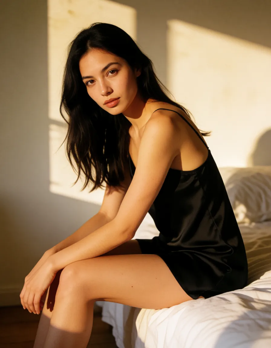 a photograph, a woman with long dark hair in a black silk slip, sitting on the edge of a bed, looking at the viewer, warm golden afternoon daylight, soft natural shadows, warm amber tones, gentle contrast, fine film grain, smooth clear skin, strikingly beautiful, radiant complexion, early twenties